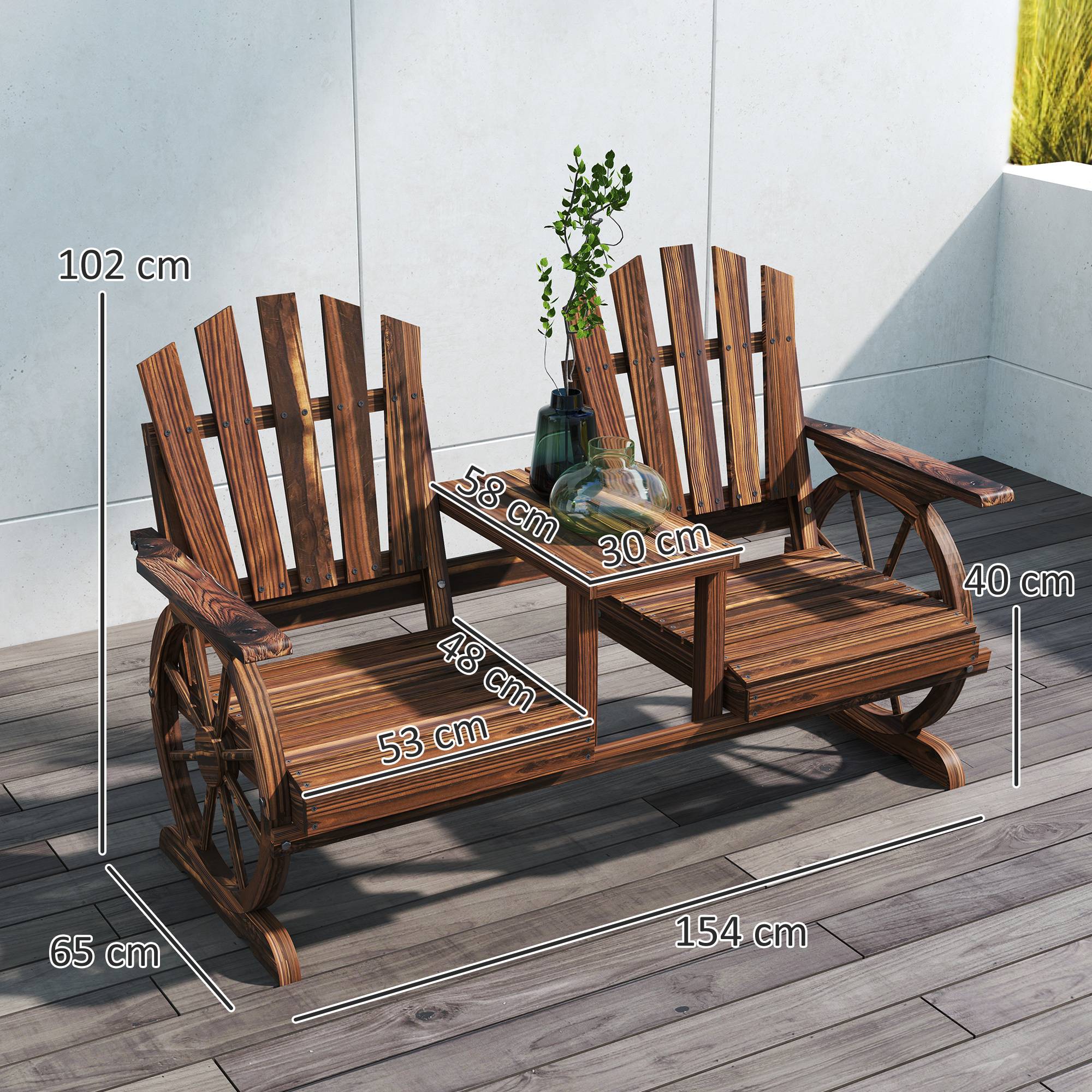 Banc de jardin 2 places en bois, résistant aux intempéries, trou pour parasol, pieds en roue de chariot, 154x65x102 cm, finition brûlée - Image 5