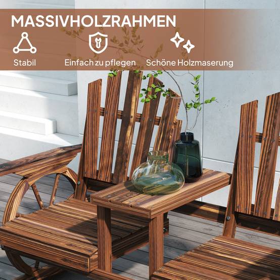 Banc de jardin 2 places en bois, résistant aux intempéries, trou pour parasol, pieds en roue de chariot, 154x65x102 cm, finition brûlée - Image 9