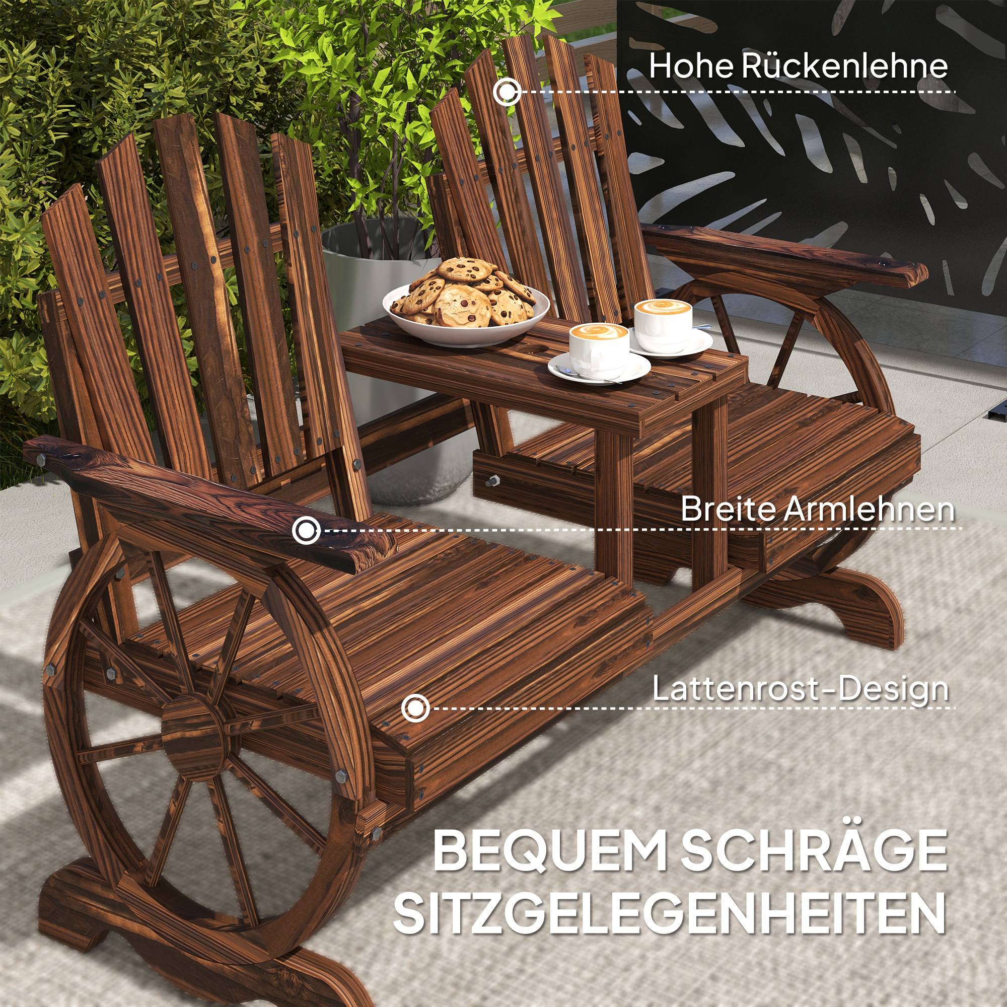Banc de jardin 2 places en bois, résistant aux intempéries, trou pour parasol, pieds en roue de chariot, 154x65x102 cm, finition brûlée - Image 8