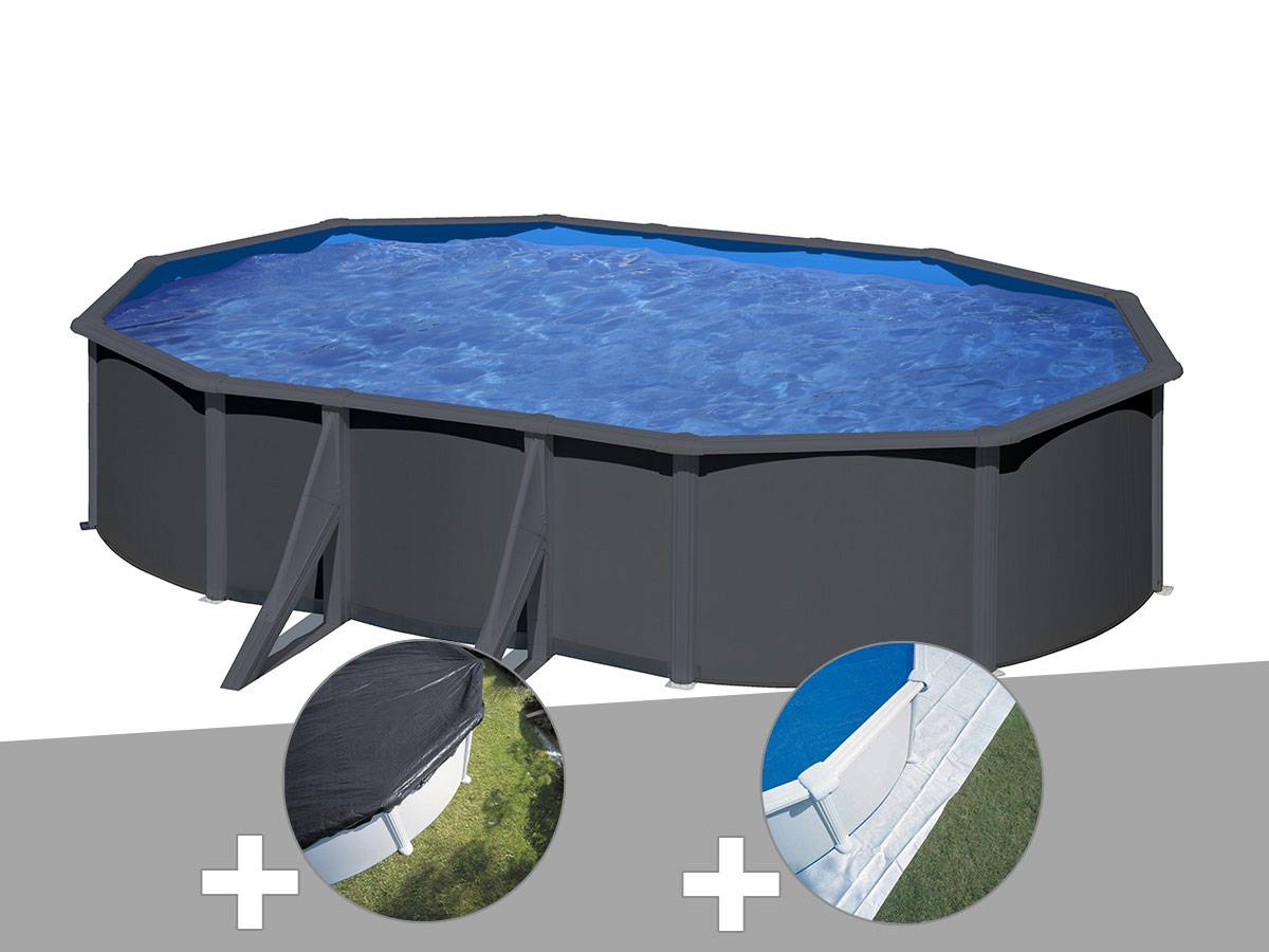 Gré - Kit piscine acier gris anthracite Gré Louko ovale 5,27 x 3,27 x 1,22 m + Bâche d'hivernage + Tapis de sol