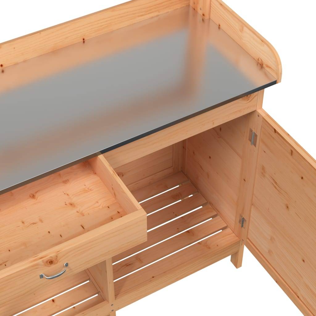 Établi de Jardinage en Bois de Sapin Marron Table de Rempotage avec Rangement et Zinc – ComfortXL Outdoor Living - Image 4