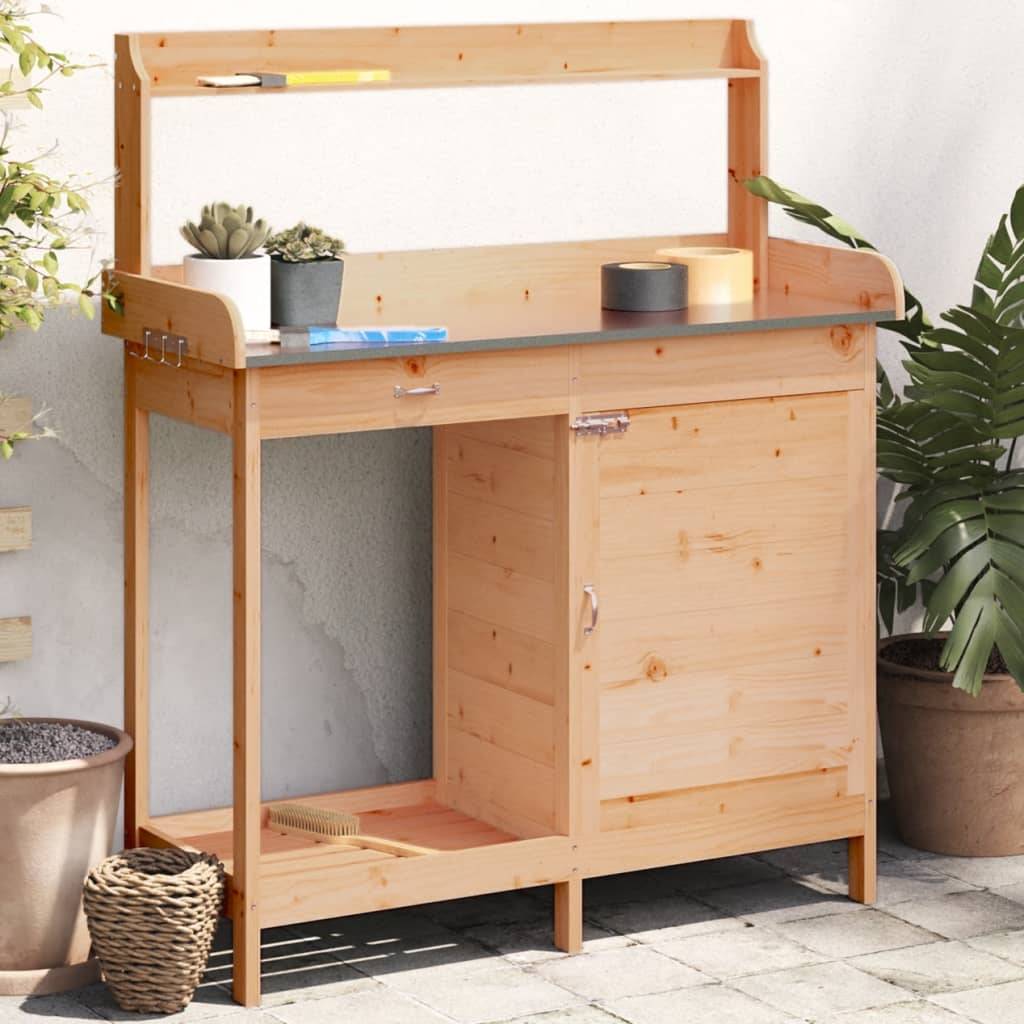 Établi de Jardinage en Bois de Sapin Marron Table de Rempotage avec Rangement et Zinc – ComfortXL Outdoor Living - Image 1