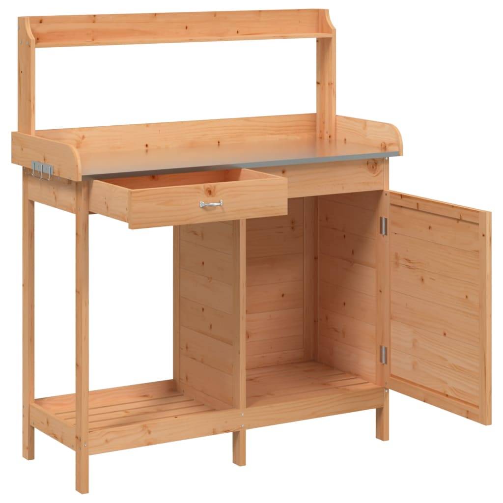 Établi de Jardinage en Bois de Sapin Marron Table de Rempotage avec Rangement et Zinc – ComfortXL Outdoor Living - Image 6