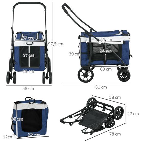 Poussette pliable pour chien avec wagon détachable, 4 portes zippées, 2 sangles de sécurité et coussin, bleue - Image 5