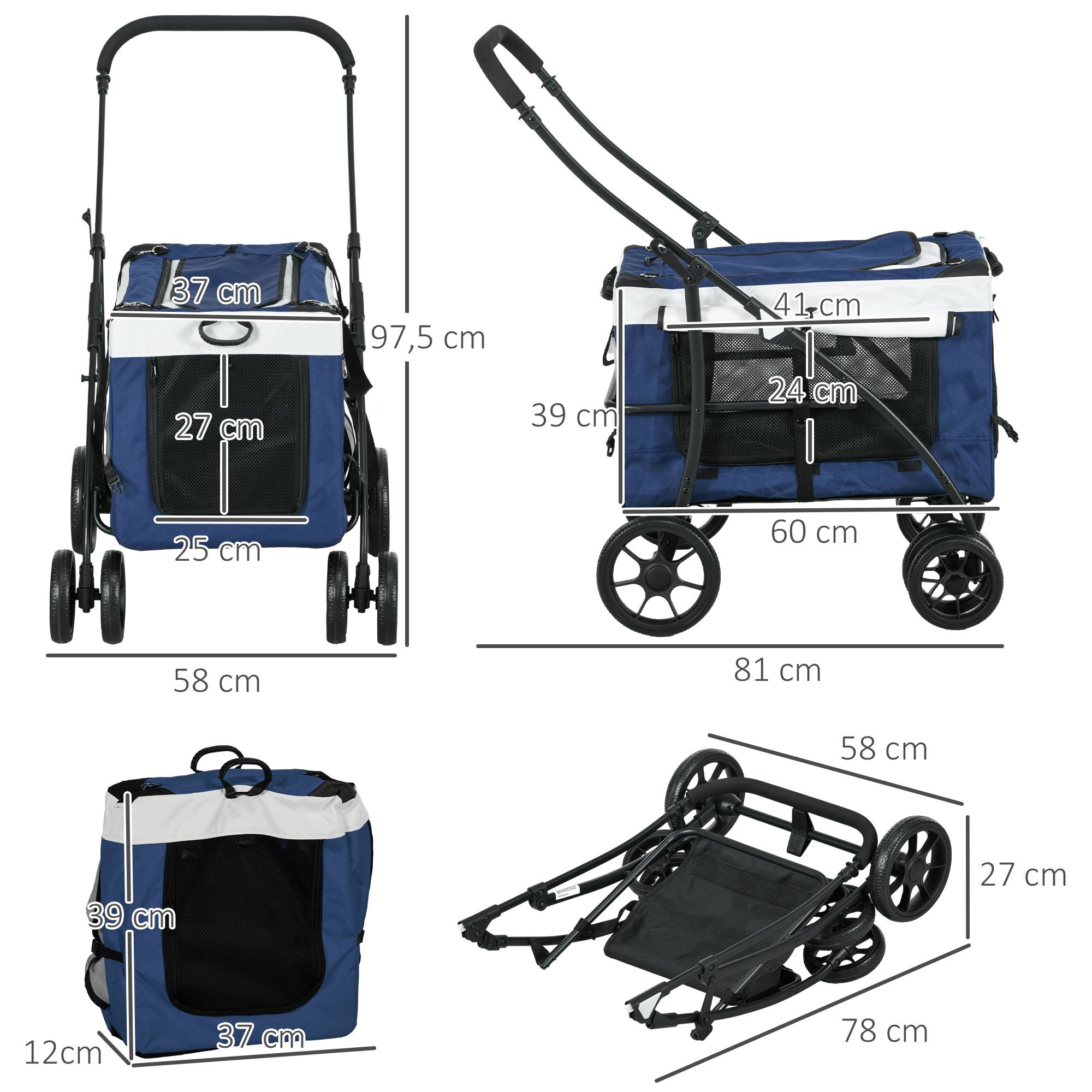 Poussette pliable pour chien avec wagon détachable, 4 portes zippées, 2 sangles de sécurité et coussin, bleue - Image 5