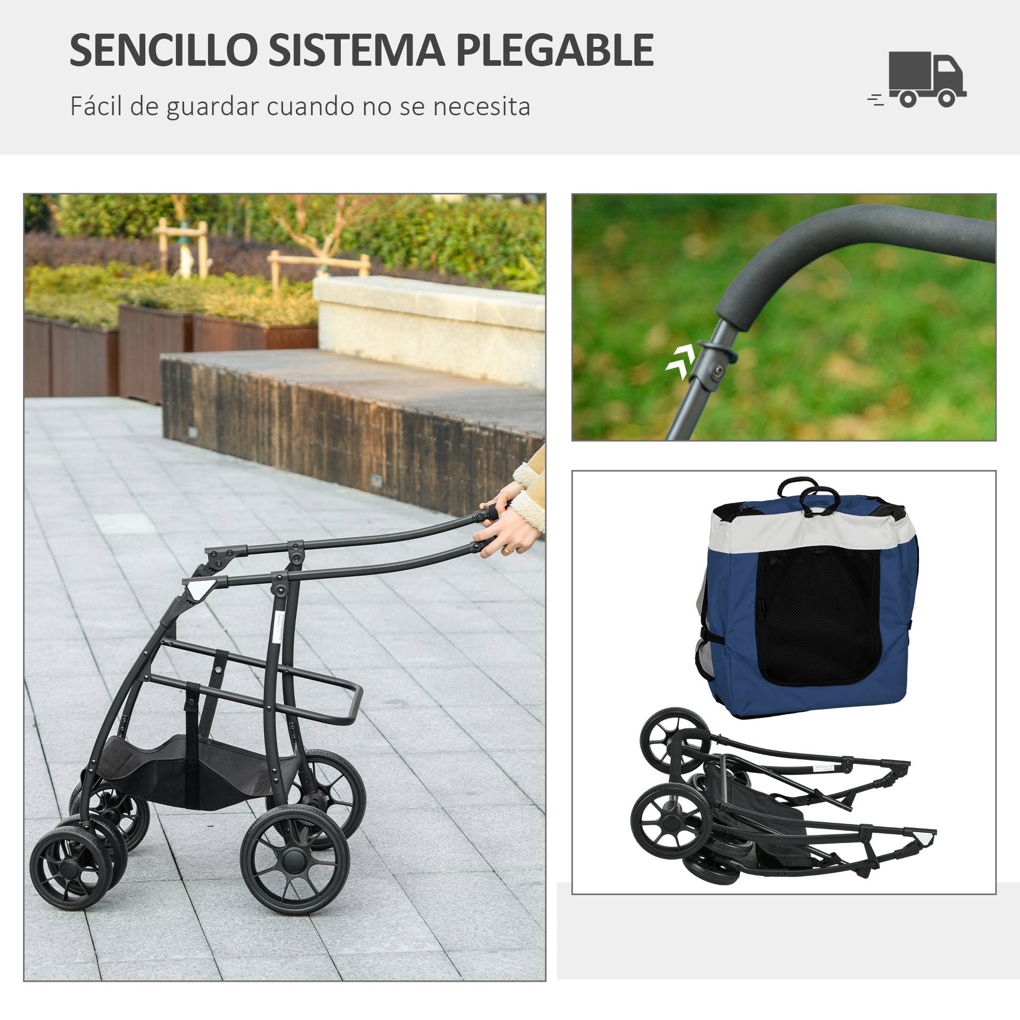 Poussette pliable pour chien avec wagon détachable, 4 portes zippées, 2 sangles de sécurité et coussin, bleue - Image 9