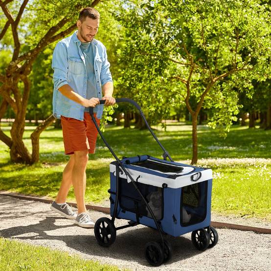 Poussette pliable pour chien avec wagon détachable, 4 portes zippées, 2 sangles de sécurité et coussin, bleue - Image 3