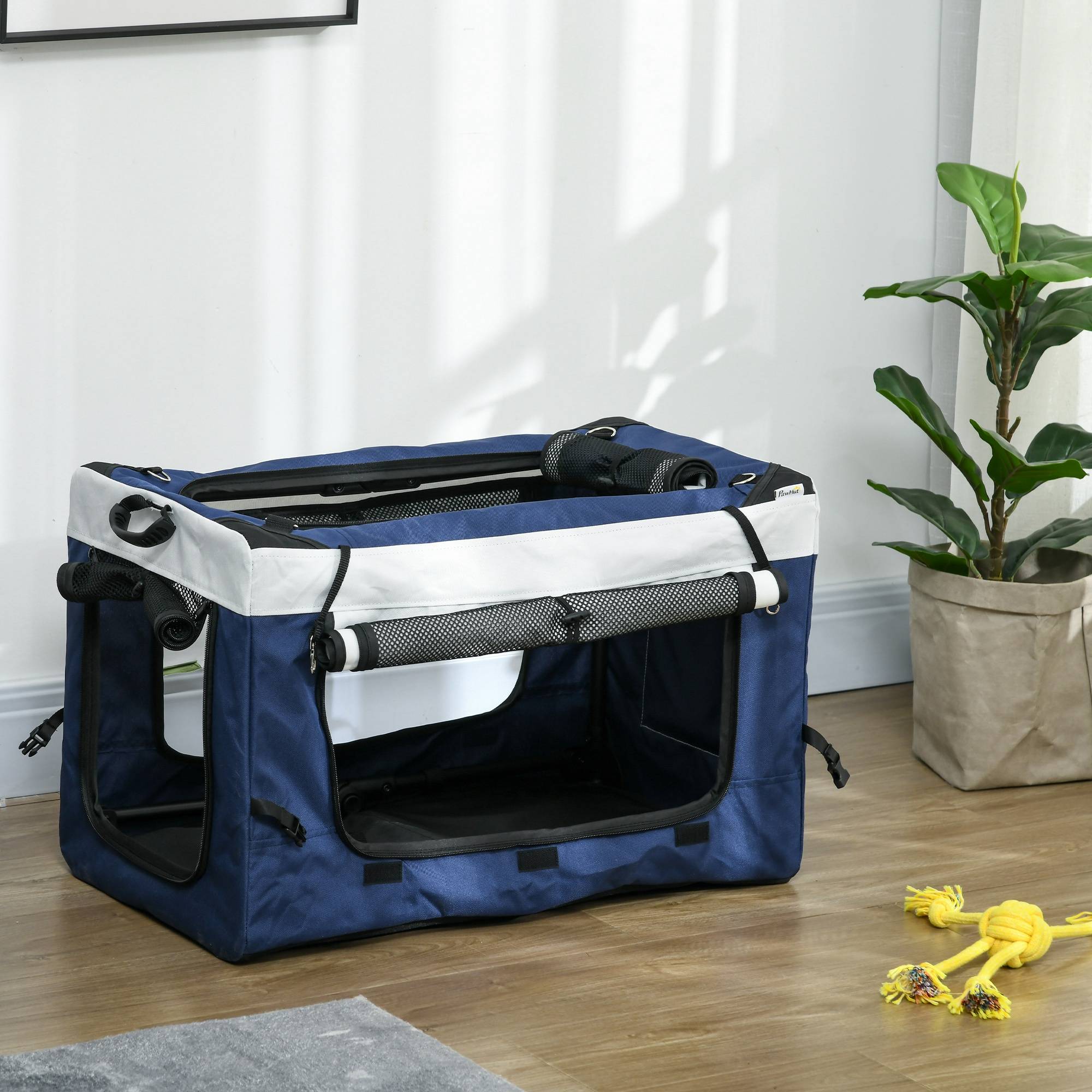 Poussette pliable pour chien avec wagon détachable, 4 portes zippées, 2 sangles de sécurité et coussin, bleue - Image 10