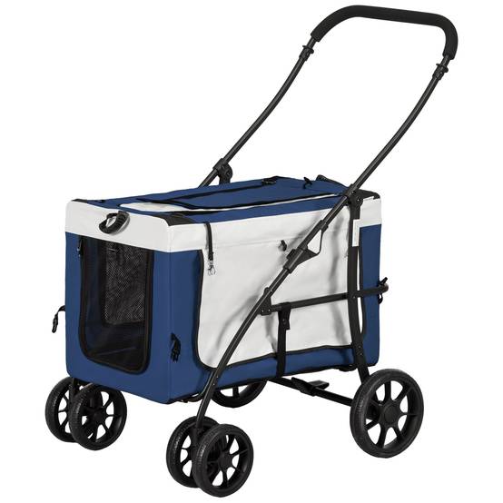 Poussette pliable pour chien avec wagon détachable, 4 portes zippées, 2 sangles de sécurité et coussin, bleue - Image 2