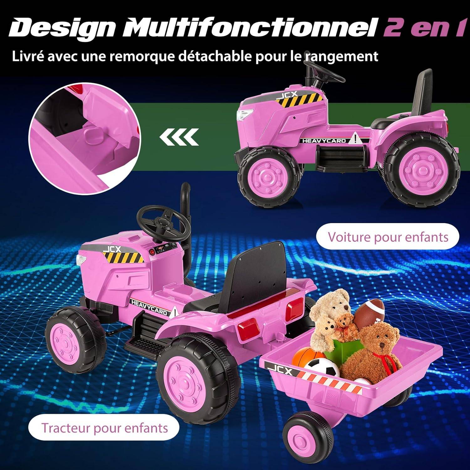 12V Tracteur Électrique Enfants avec Remorque Amovible Double Moteur