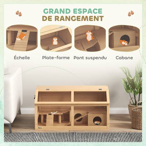 Cage hamster bois sapin rongeurs habitat aéré pont suspendu 85x44cm naturel - ComfortXL Outdoor Living - Image 6
