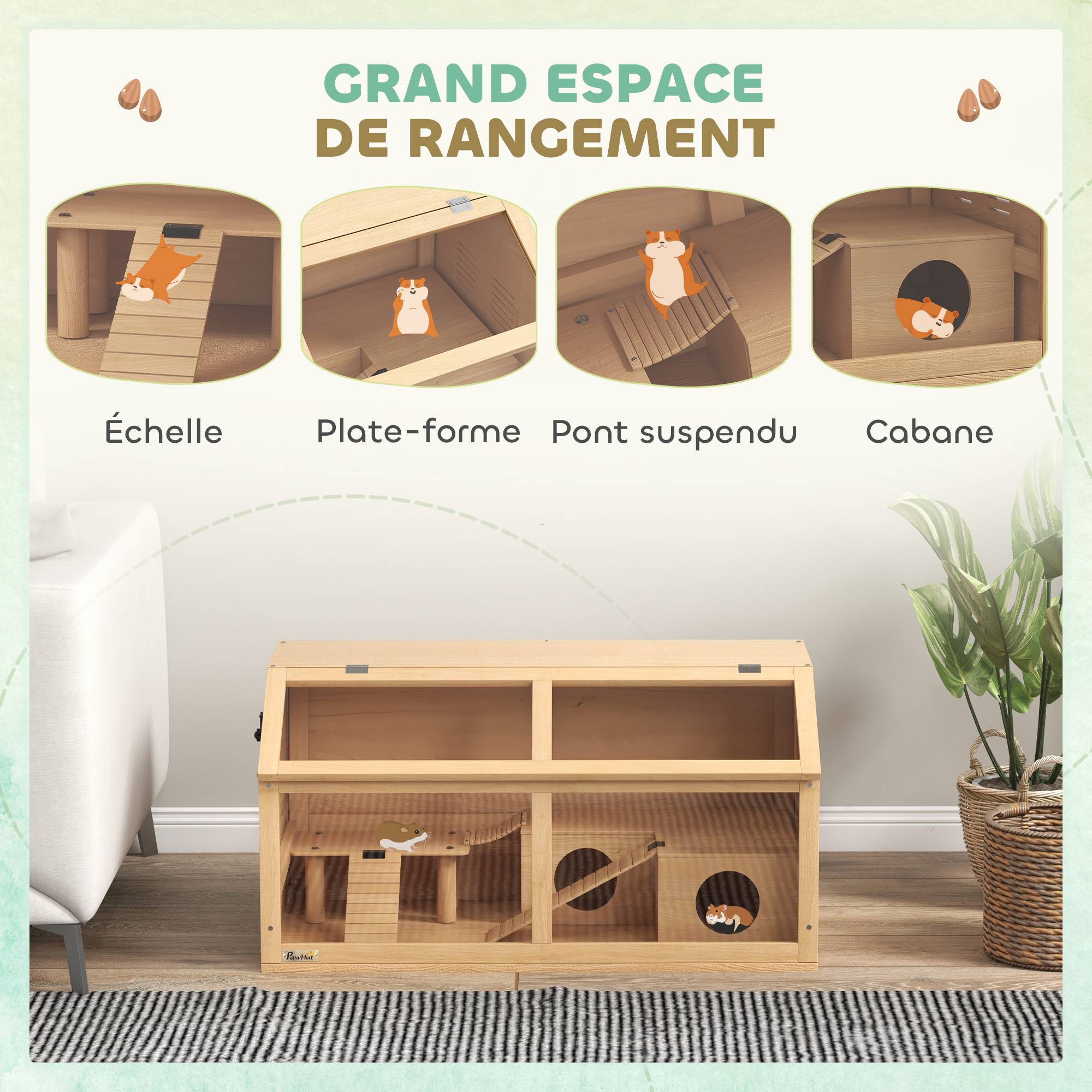 Cage hamster bois sapin rongeurs habitat aéré pont suspendu 85x44cm naturel - ComfortXL Outdoor Living - Image 6
