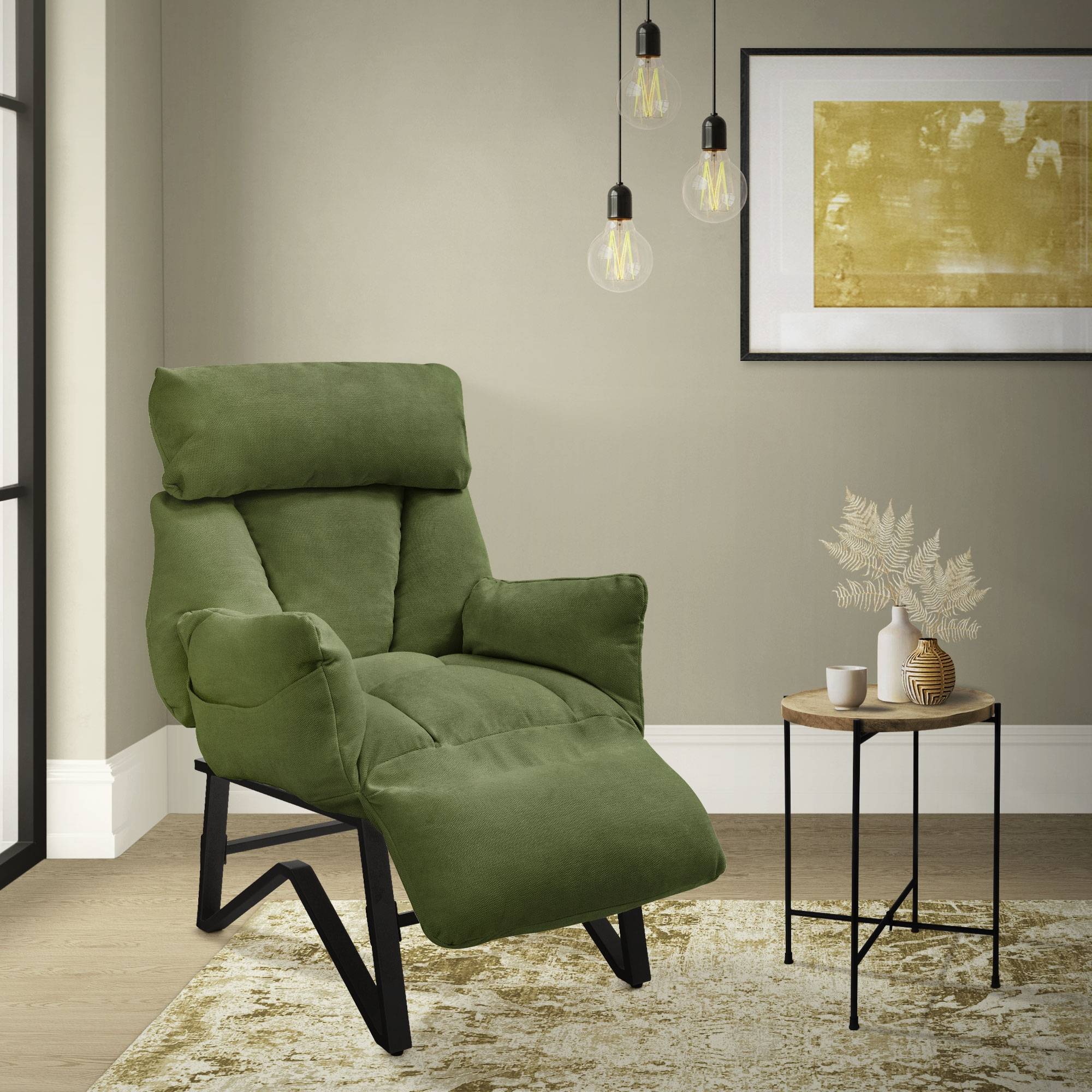 Ml-Design - Fauteuil relax de salon manuel vert chaise inclinable avec repose pied en lin avec poches latérales corps en acier dossier et accoudoirs réglables - Image 2
