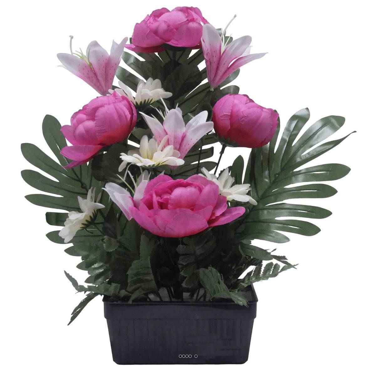 Artificielles - Jardinière fleurs artificielles Pivoine, Lys, Gerbera et ficus Rose fushia pour la Toussaint - couleur: Rose fushia 730 - Imagen 2