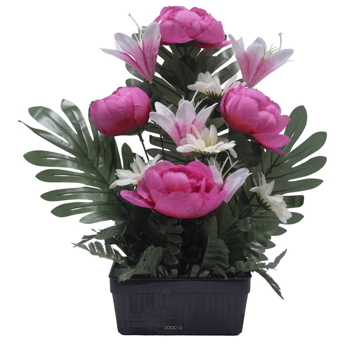 Artificielles - Jardinière fleurs artificielles Pivoine, Lys, Gerbera et ficus Rose fushia pour la Toussaint - couleur: Rose fushia 730 - Imagen 1