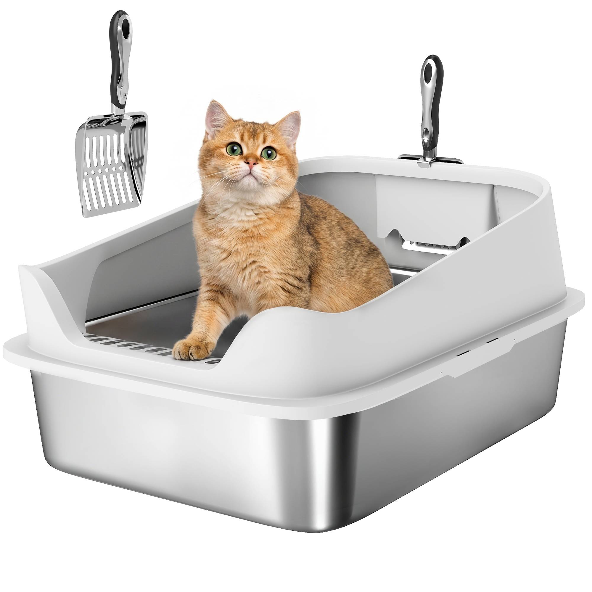 Bac à litière ouvert en acier inoxydable avec pelle, bords hauts, pour grands chats jusqu'à 7 kg, 60,2 x 40,2 x 29,7 cm, gris