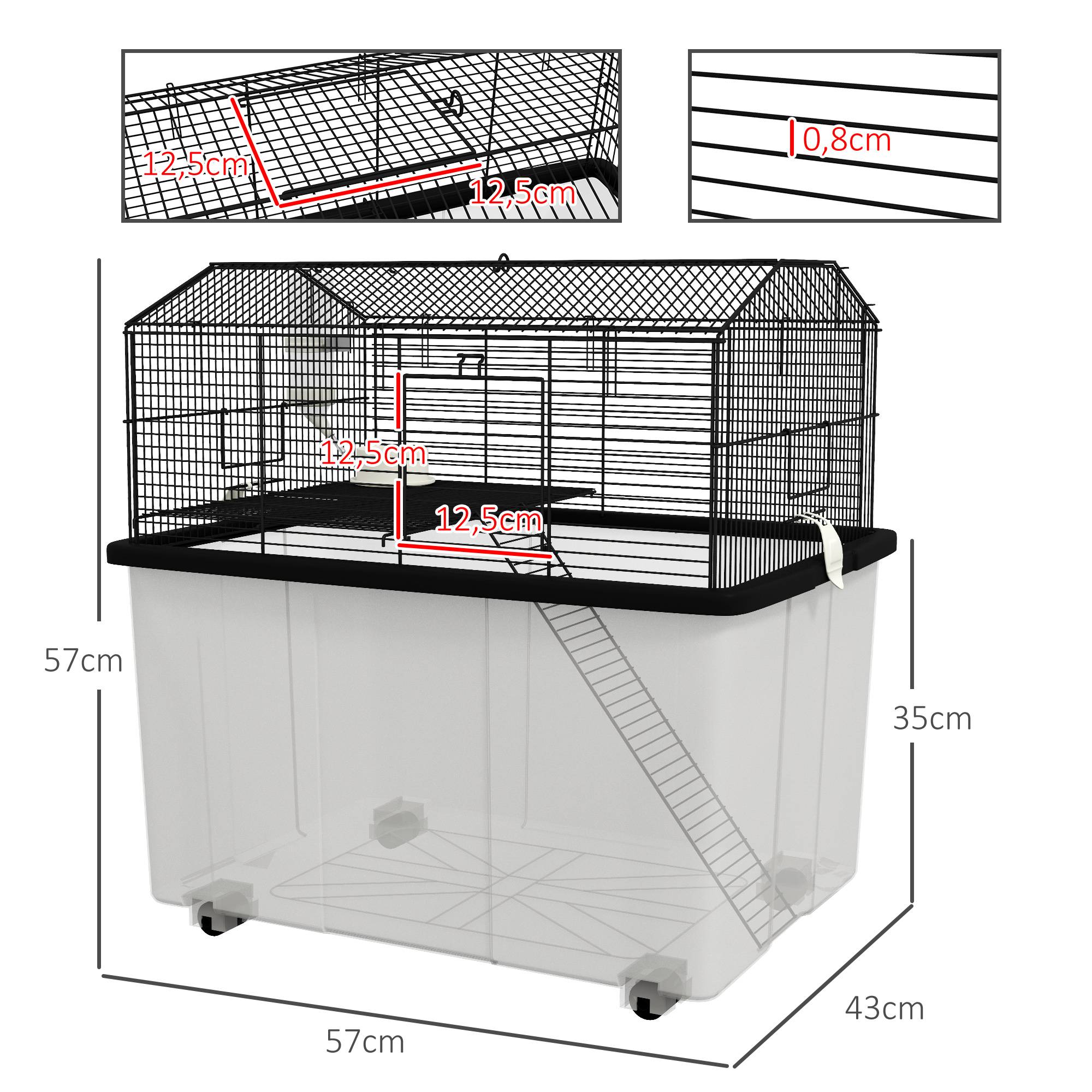Pawhut - Cage rongeur hamster 2 étages - roulettes, plateforme, échelle, accessoires - PP transparent acier noir - Imagen 3
