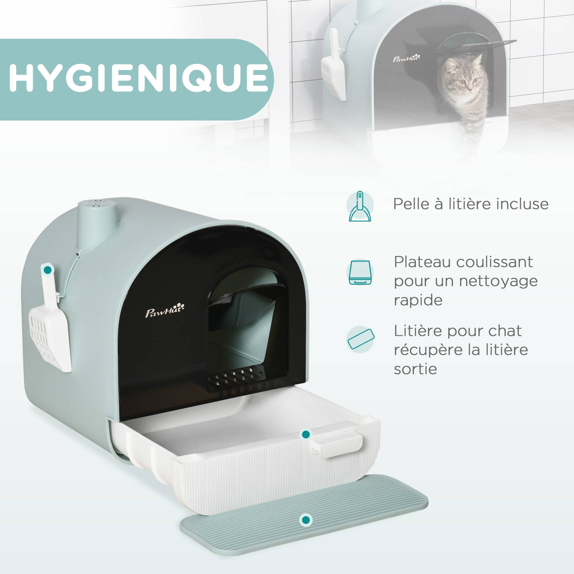 Bac à litière fermé plastique PP pour chat hygiène et propreté 43x44x47cm vert - ComfortXL Outdoor Living - Image 6