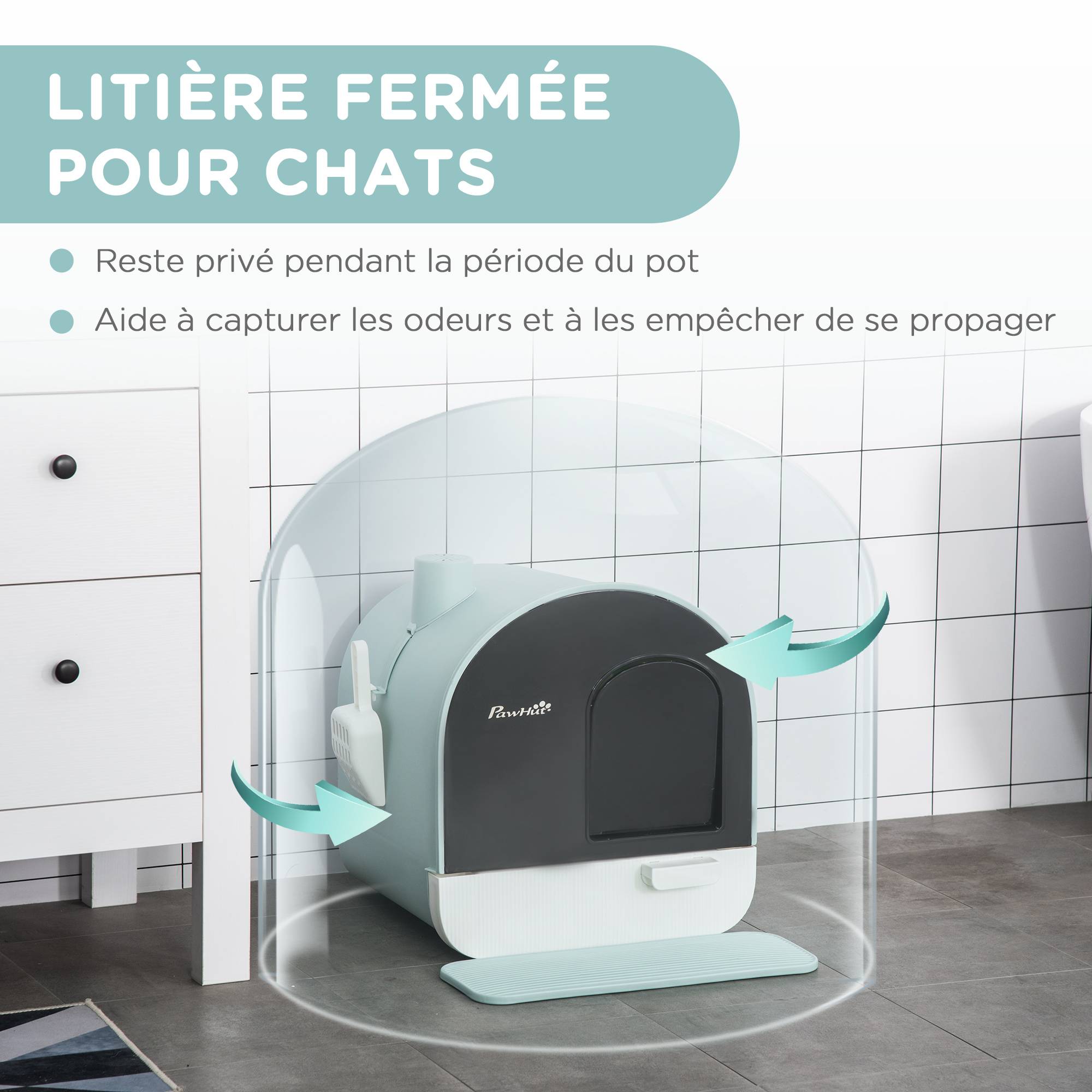 Bac à litière fermé plastique PP pour chat hygiène et propreté 43x44x47cm vert - ComfortXL Outdoor Living - Image 7