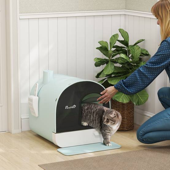 Bac à litière fermé plastique PP pour chat hygiène et propreté 43x44x47cm vert - ComfortXL Outdoor Living - Image 3