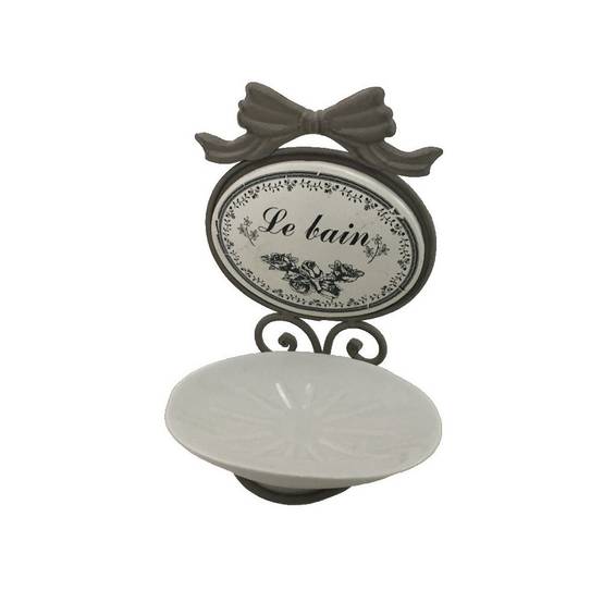 ~ Porte savon en fer et porcelaine gris et blanc 19 x 13 cm Chemin de campagne
