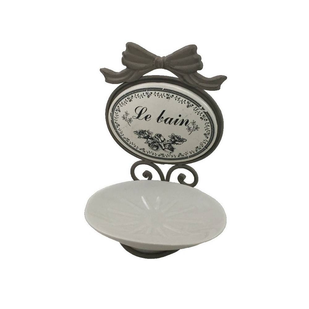 ~ Porte savon en fer et porcelaine gris et blanc 19 x 13 cm Chemin de campagne