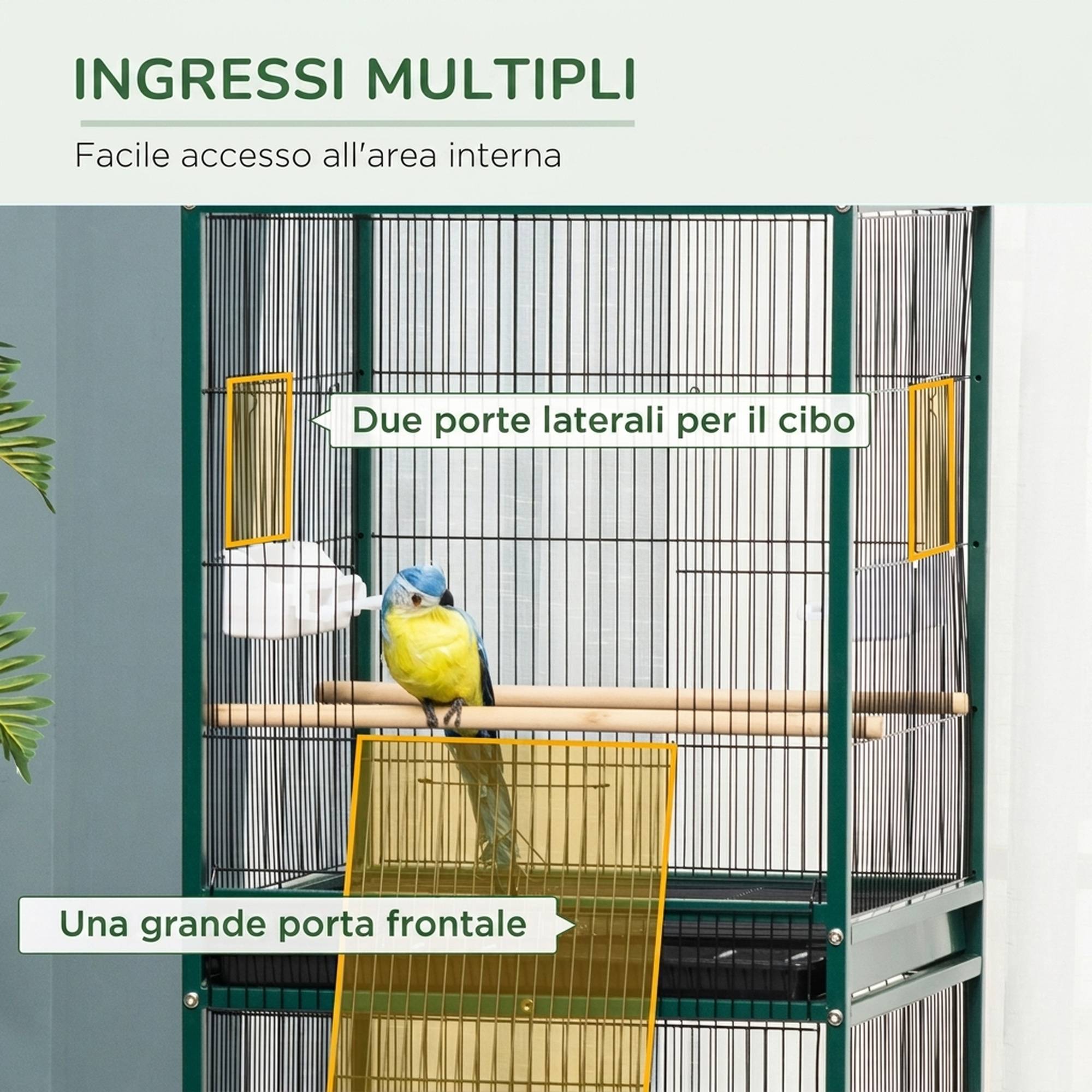 Cage volière intérieure pour oiseaux avec roues et plateaux extractibles, 51,5x50x140 cm, vert foncé - Image 7