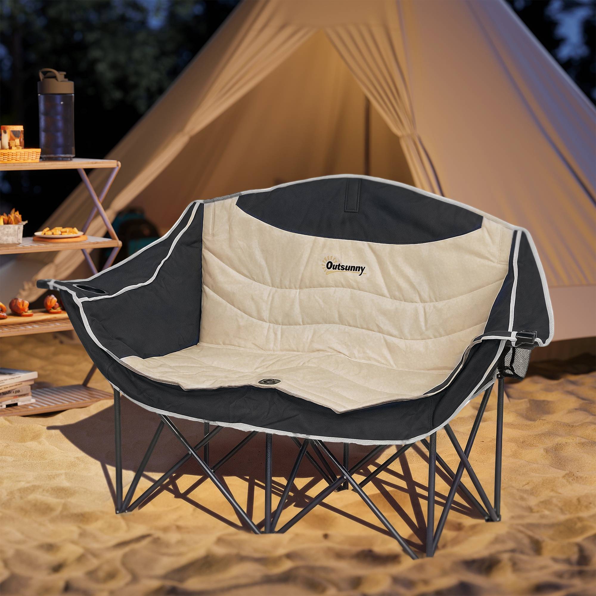 Chaise de camping double tissu Oxford plein air pêche porte-gobelets 143x50x90cm kaki - ComfortXL Outdoor Living - Image 4