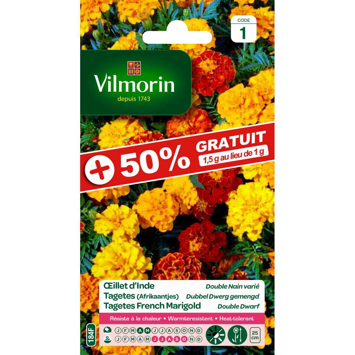 Vilmorin - Sachet graines Oeillet d'inde Double Nain Varié 50% Gratuit - Tagetes erecta