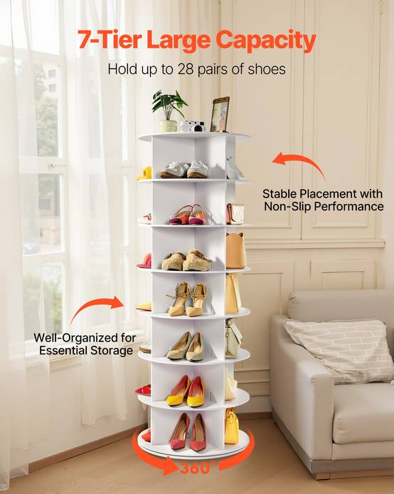 VEVOR Étagère présentoir à chaussures rotatif 360° 7 niveaux 28 paires blanc - Image 4