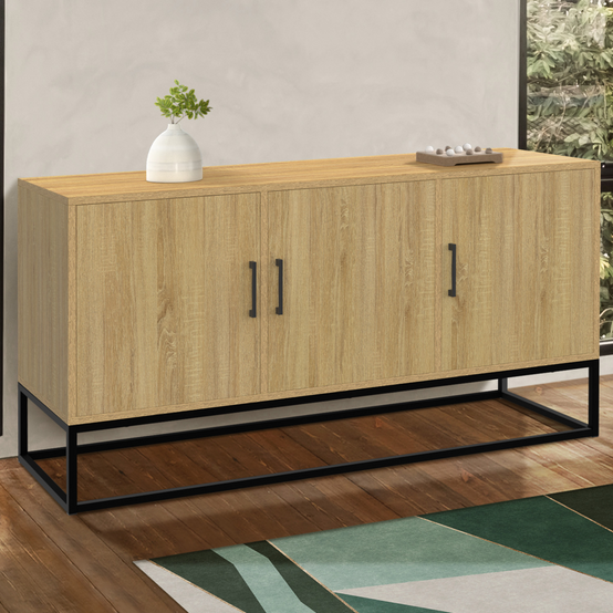 Buffet bas 113 cm DETROIT 3 portes bois et noir design industriel - Image 1