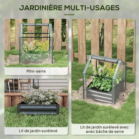 Carré potager de jardin avec mini serre, jardinière surélevée en acier galvanisé, 70 x 70 x 90 cm, gris foncé - Image 6