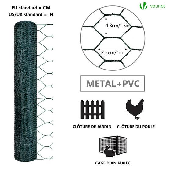 VOUNOT® Grillage métallique gainé de PVC vert - Maille 13mm - 1x25M - Filet de clôture pour poulailler - Image 6