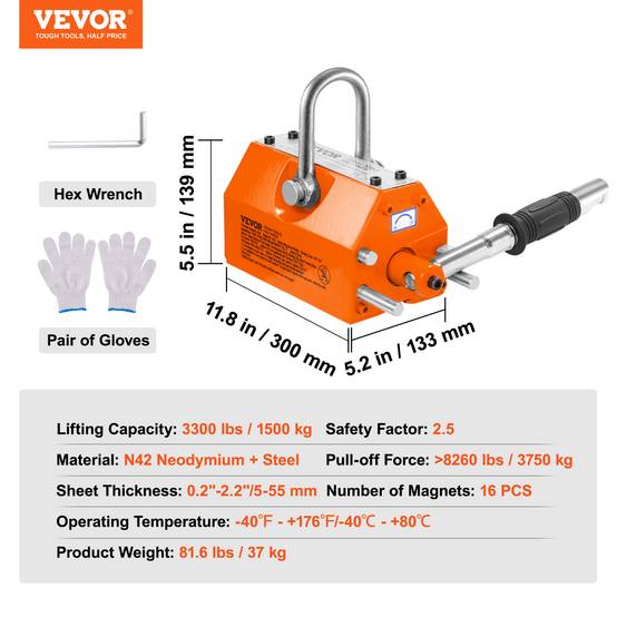 VEVOR Levage magnétique 1500kg, aimant N42 300x133x139mm, crochet chrome, sécurité 2.5, pour tôle. - Image 7
