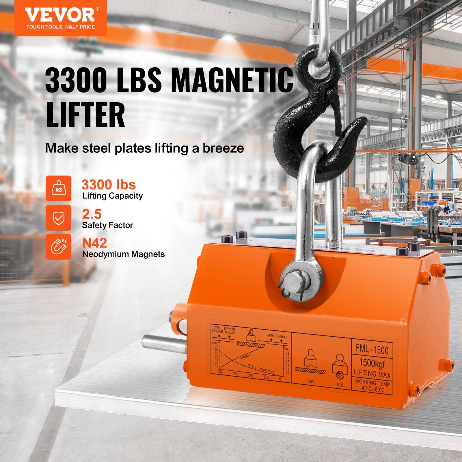 VEVOR Levage magnétique 1500kg, aimant N42 300x133x139mm, crochet chrome, sécurité 2.5, pour tôle. - Image 2