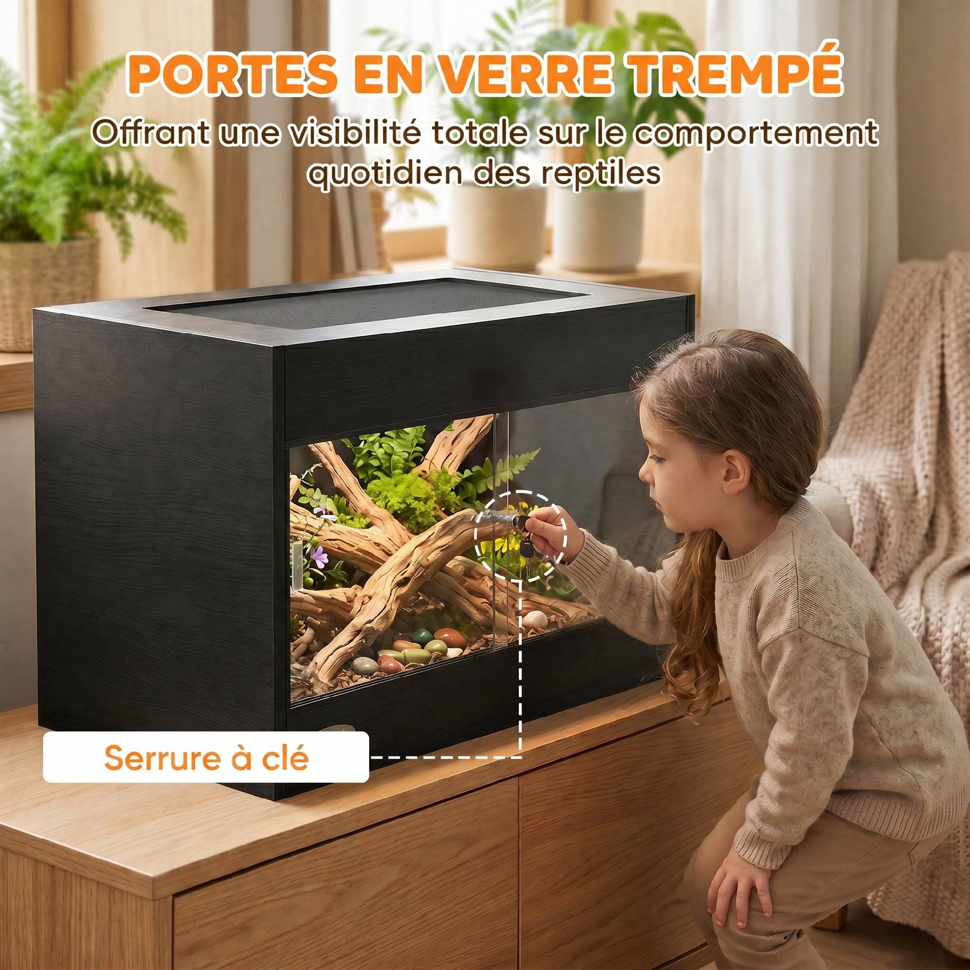 Vivarium surélevé 60×45×32cm noir, double serrure, parois vitrées - Image 7
