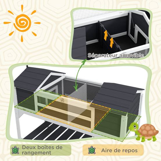 Maison tortue terrestre extérieure enclos tortue 2 niches support de lampe réglable bois massif 122 x 56,5 x 93 cm gris - Image 6
