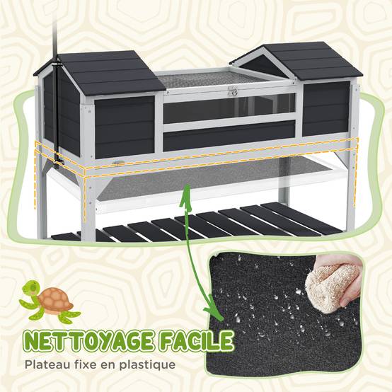 Maison tortue terrestre extérieure enclos tortue 2 niches support de lampe réglable bois massif 122 x 56,5 x 93 cm gris - Image 8