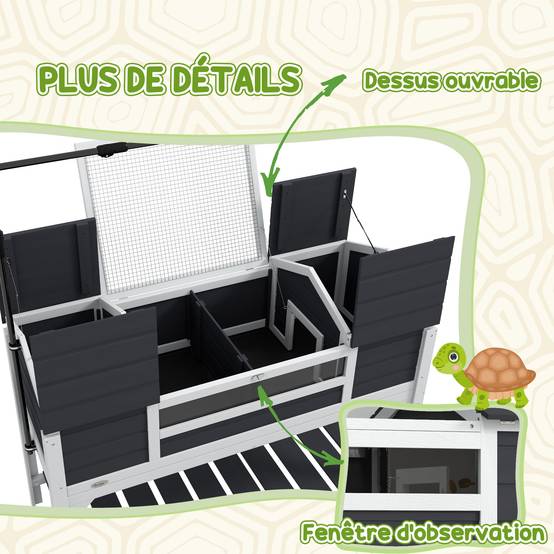 Maison tortue terrestre extérieure enclos tortue 2 niches support de lampe réglable bois massif 122 x 56,5 x 93 cm gris - Image 10