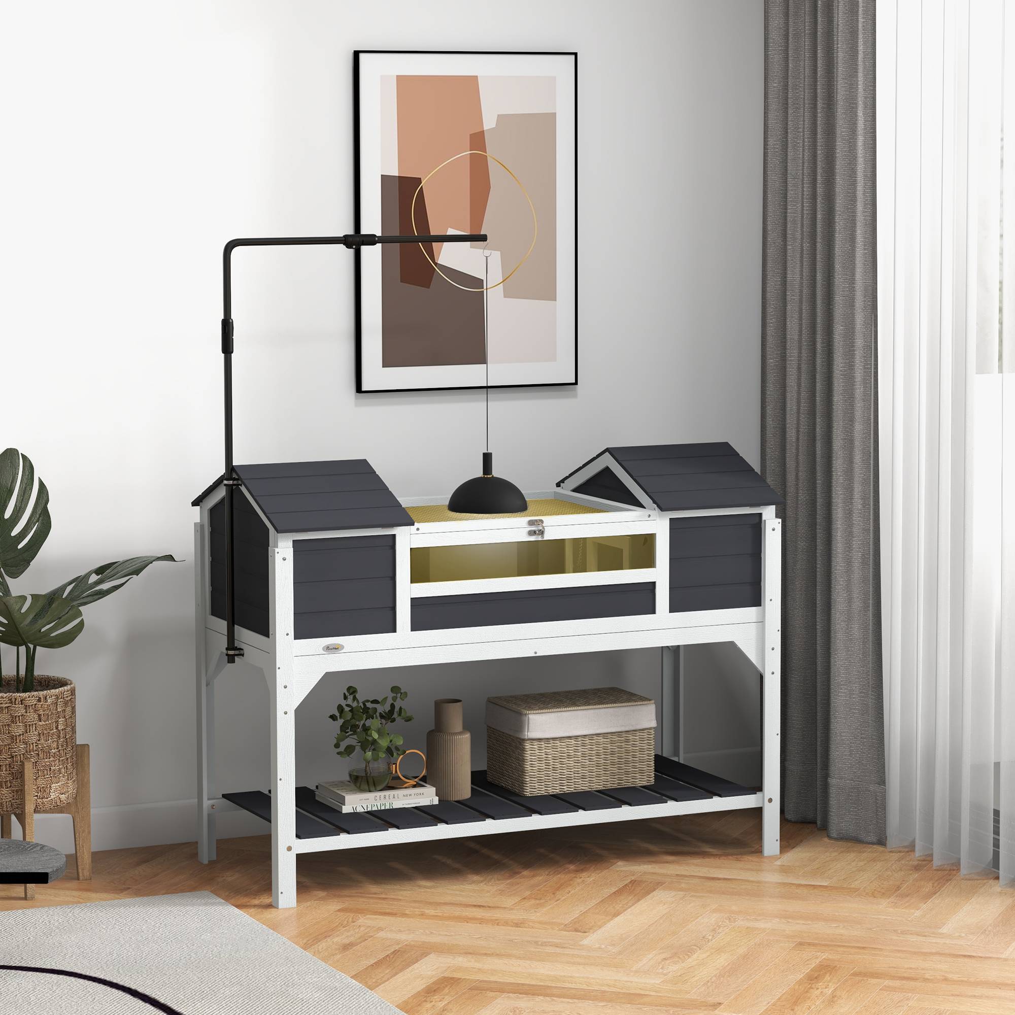 Maison tortue terrestre extérieure enclos tortue 2 niches support de lampe réglable bois massif 122 x 56,5 x 93 cm gris - Image 3