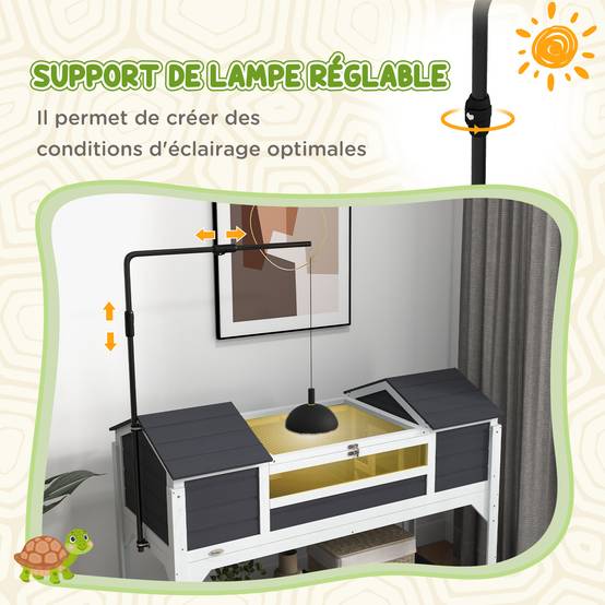 Maison tortue terrestre extérieure enclos tortue 2 niches support de lampe réglable bois massif 122 x 56,5 x 93 cm gris - Image 7