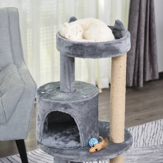 Arbre à chat PawHut 104 cm : grotte, balles, poteaux et panneau sisal, chats jusqu'à 4,5 kg, gris - Image 9