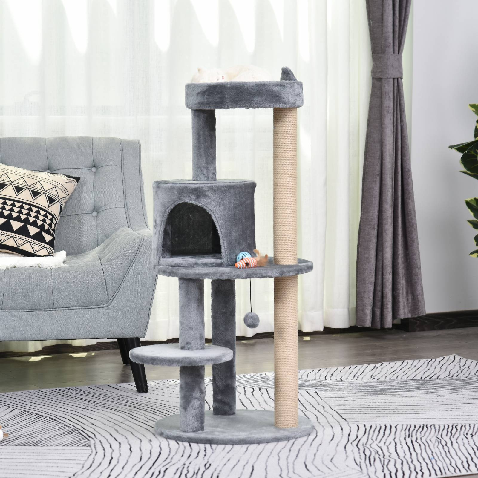 Arbre à chat PawHut 104 cm : grotte, balles, poteaux et panneau sisal, chats jusqu'à 4,5 kg, gris - Image 2
