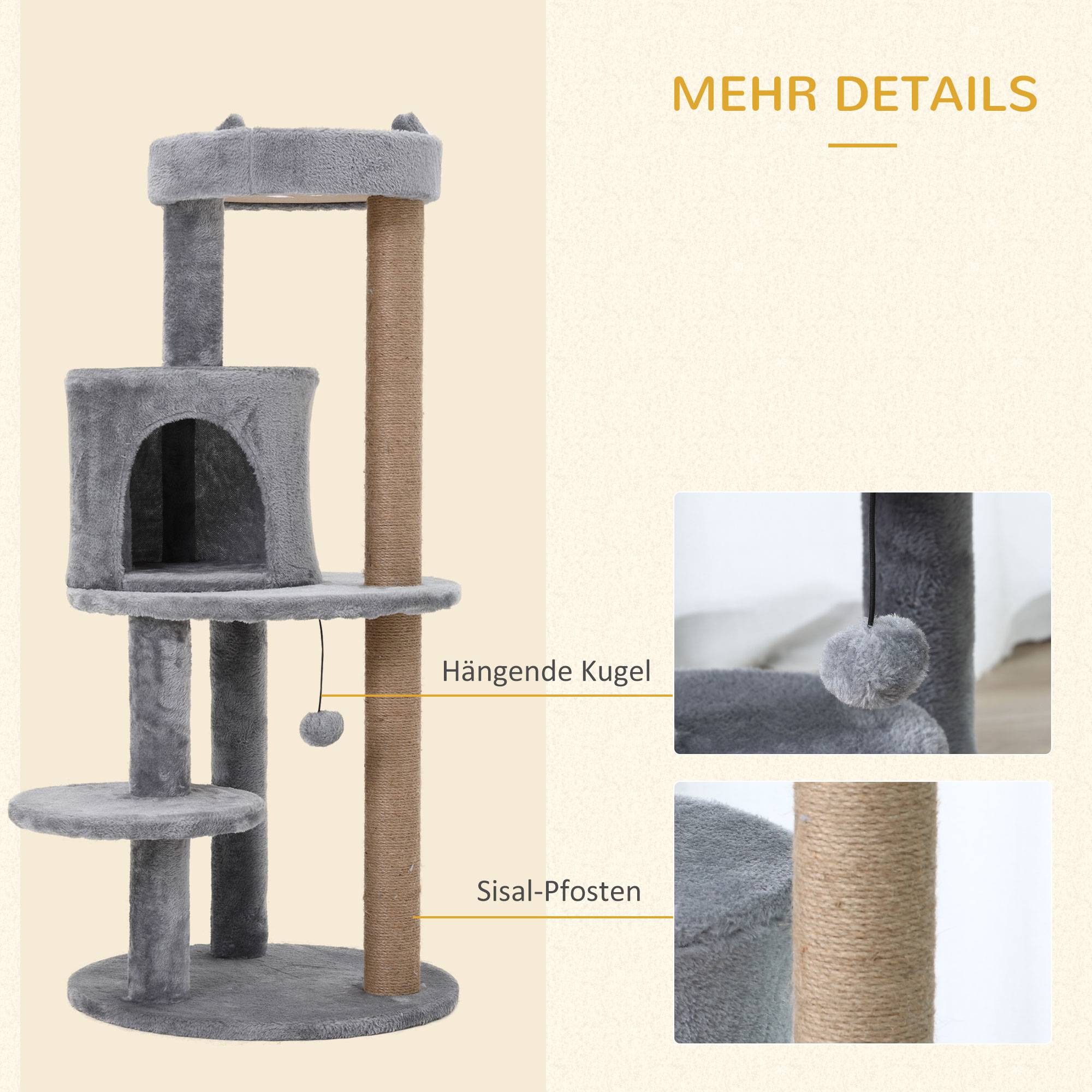 Arbre à chat PawHut 104 cm : grotte, balles, poteaux et panneau sisal, chats jusqu'à 4,5 kg, gris - Image 6