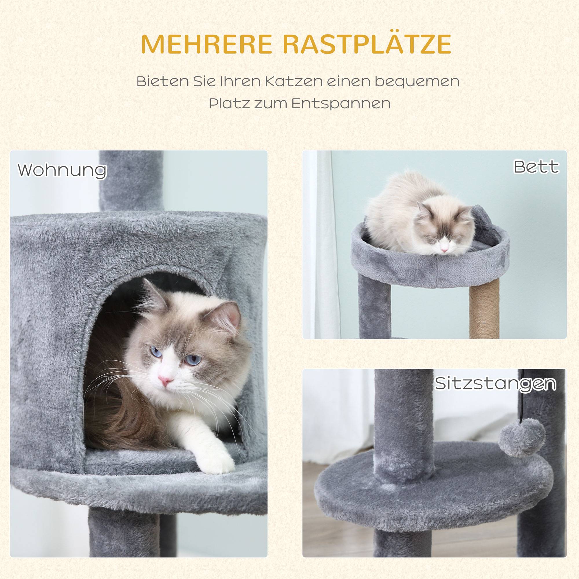 Arbre à chat PawHut 104 cm : grotte, balles, poteaux et panneau sisal, chats jusqu'à 4,5 kg, gris - Image 5