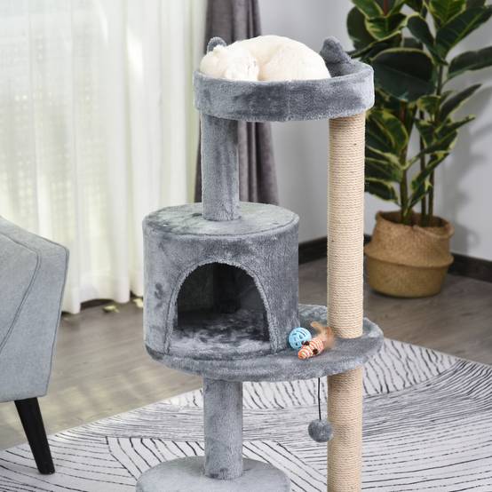 Arbre à chat PawHut 104 cm : grotte, balles, poteaux et panneau sisal, chats jusqu'à 4,5 kg, gris - Image 8