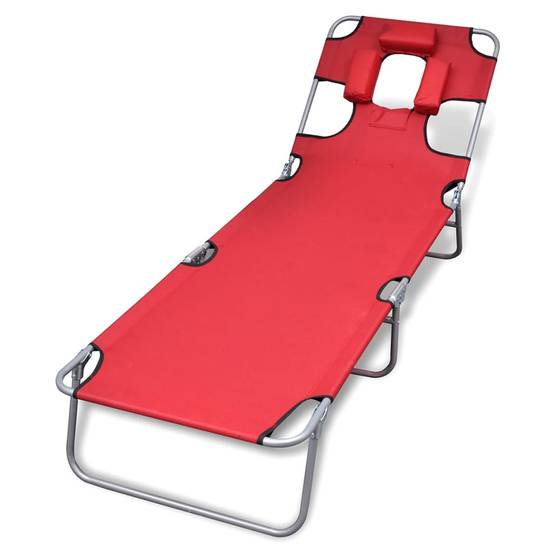 Transat chaise longue bain de soleil lit de jardin terrasse meuble d'extérieur avec coussin de tête acier enduit de poudre rouge - Image 1