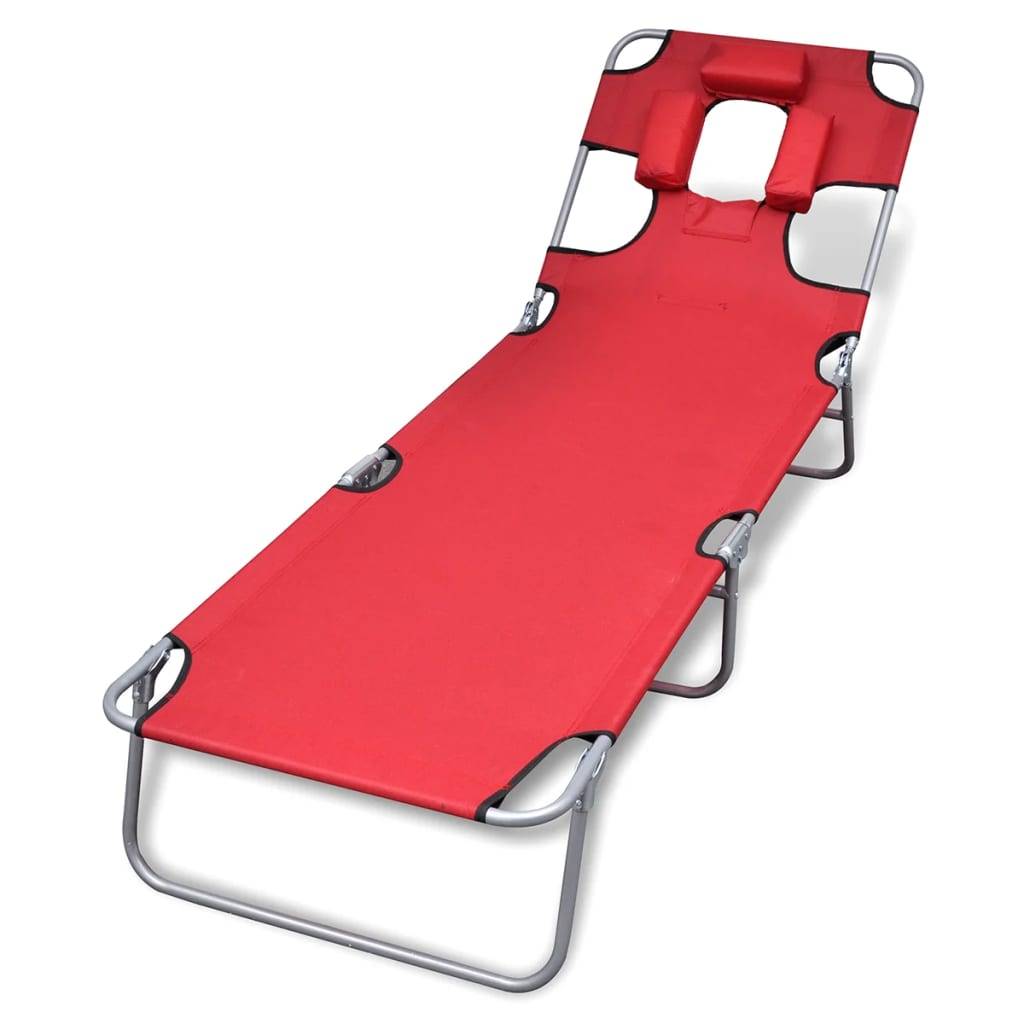 Transat chaise longue bain de soleil lit de jardin terrasse meuble d'extérieur avec coussin de tête acier enduit de poudre rouge - Image 1