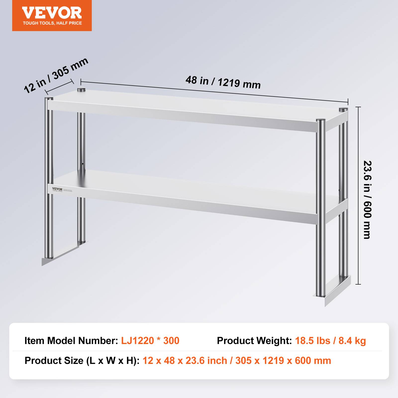 VEVOR Étagère deux niveaux réglable acier inoxydable surélevée 12x48 pouces pour tables préparation de cuisine. - Image 7