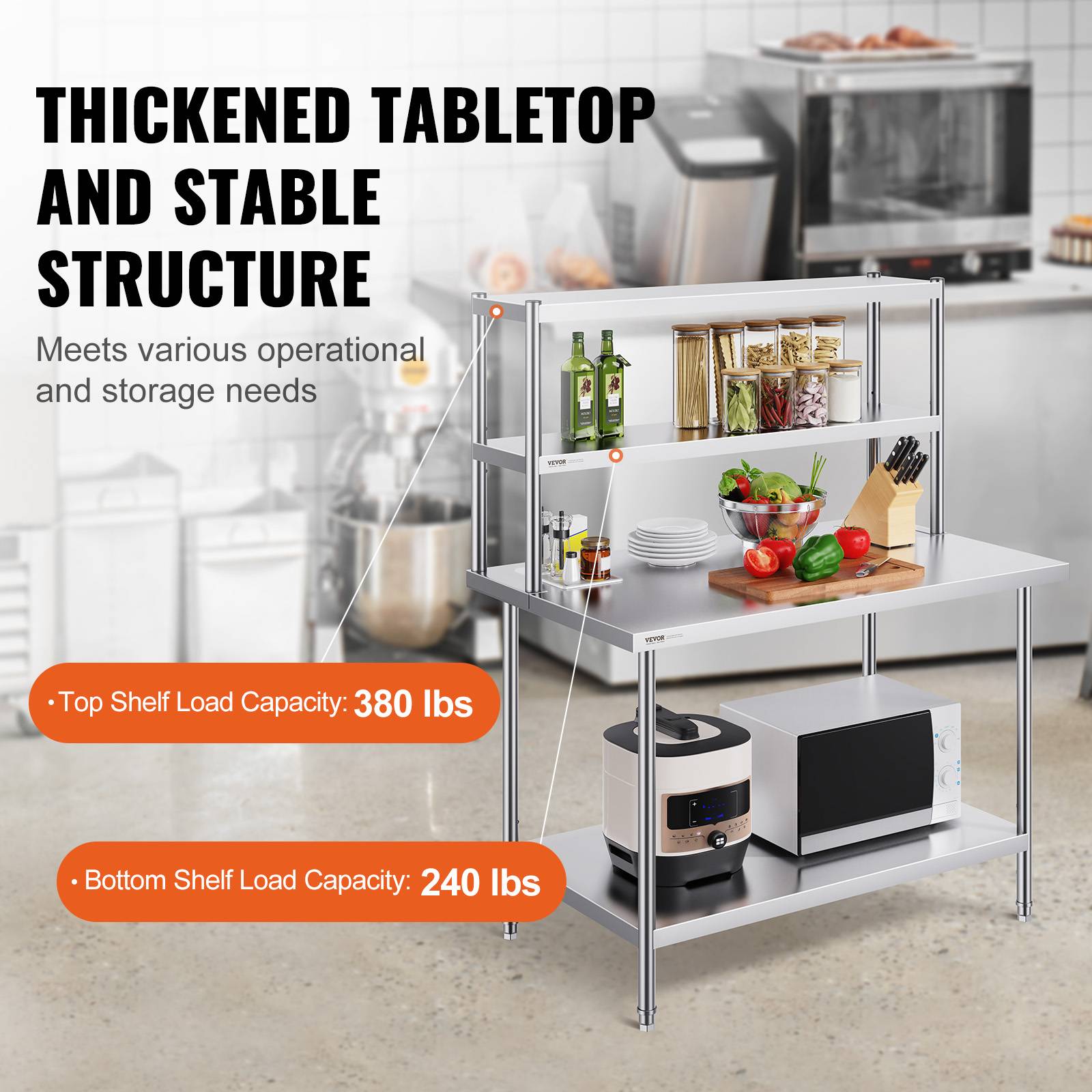 VEVOR Étagère deux niveaux réglable acier inoxydable surélevée 12x48 pouces pour tables préparation de cuisine. - Image 3